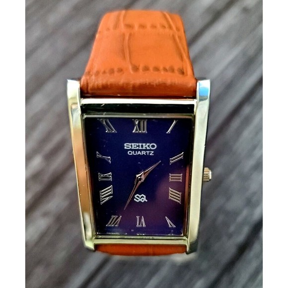 RARE NOS Seiko Men Tank Rectangular Blue Dial Leather band Dress Watch … - Picture 3 of 9